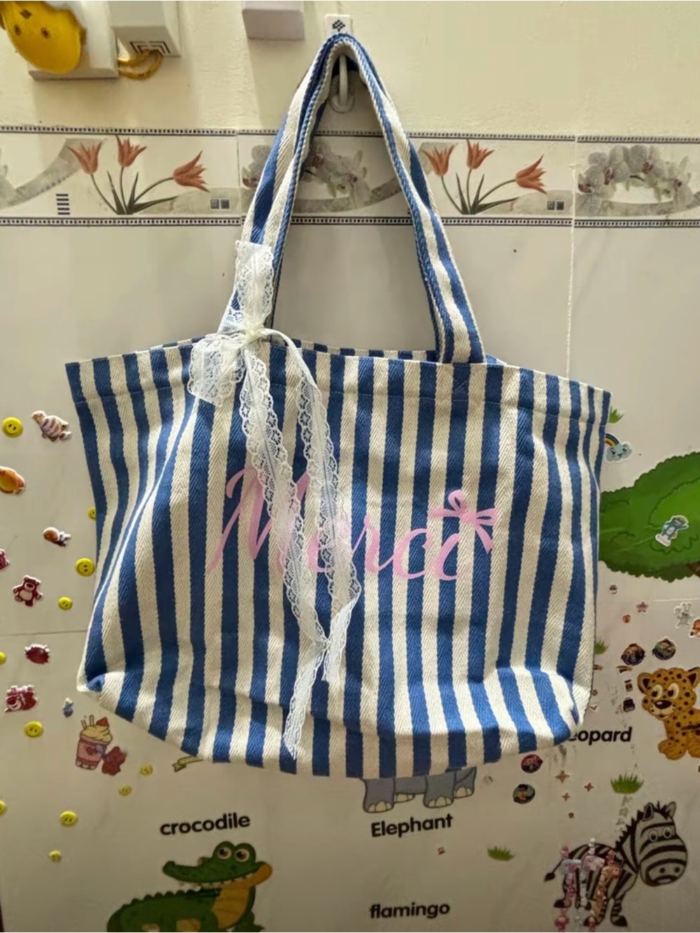 Striped Blue and White Canvas Tote with Pink Script